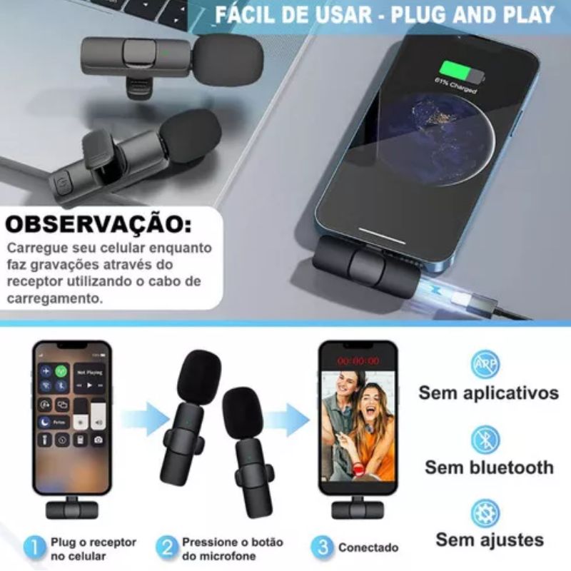 Microfone Lapela Celular Sem Fio Duplo